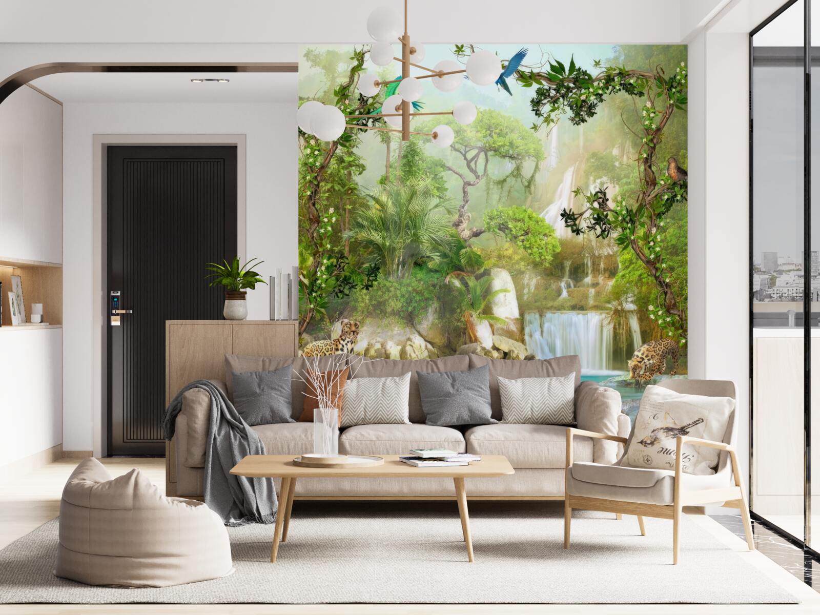 Papier peint il y a des léopards au-dessus de la cascade