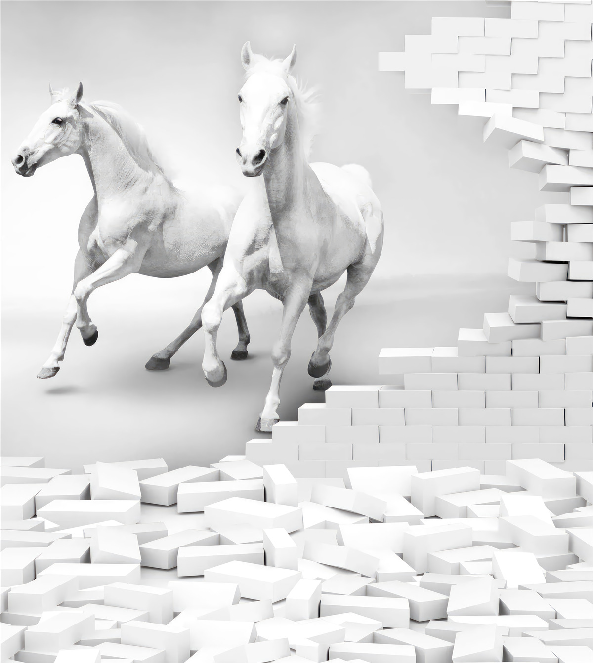 Papier peint chevaux blancs et briques délabrées