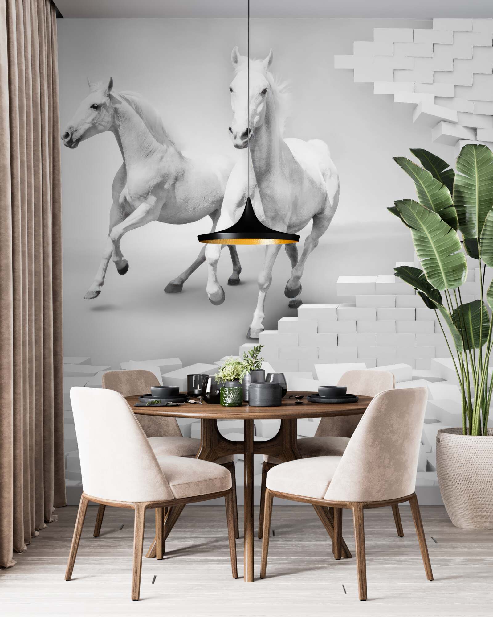 Papier peint chevaux blancs et briques délabrées