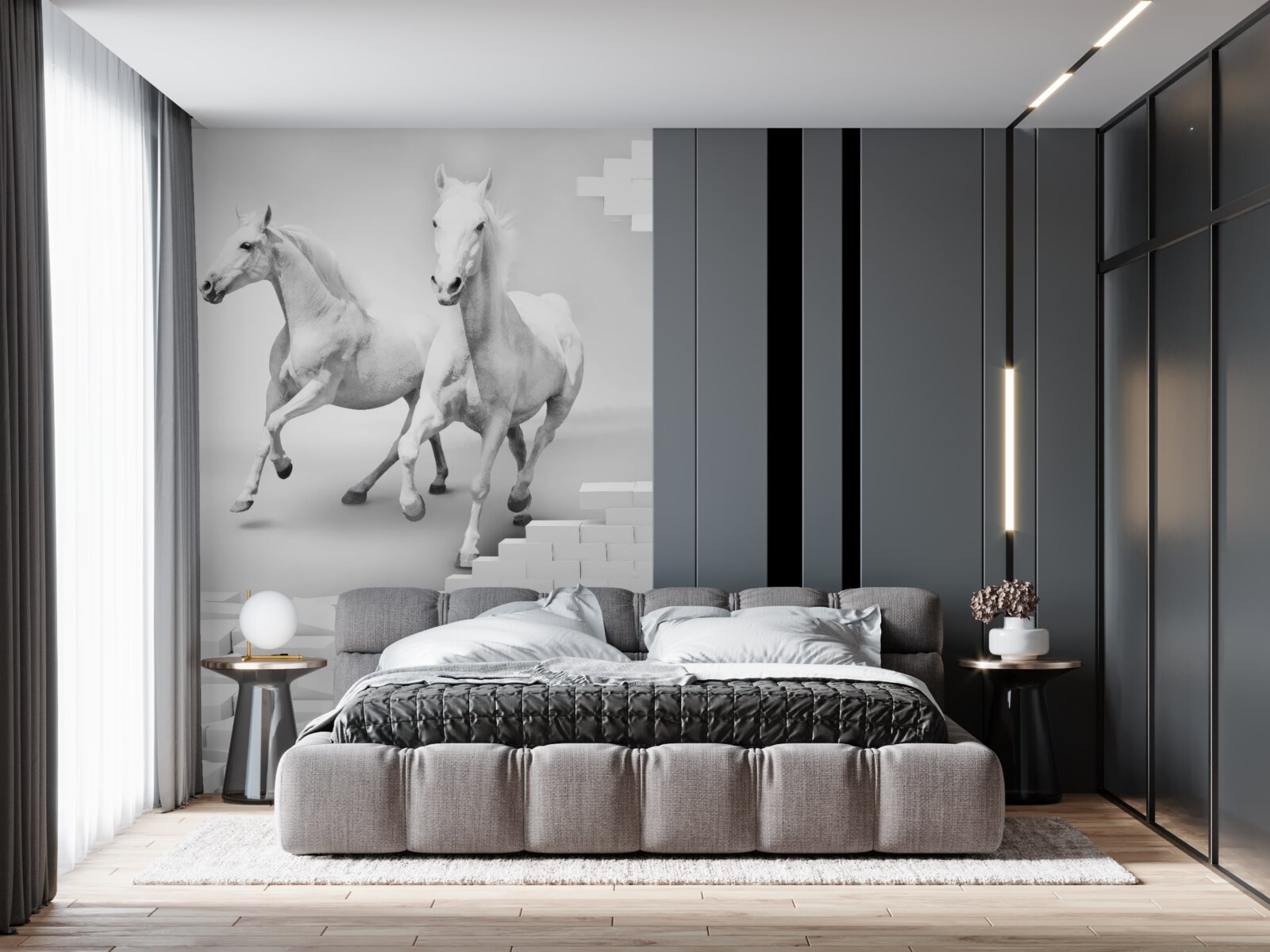 Papier peint chevaux blancs et briques délabrées