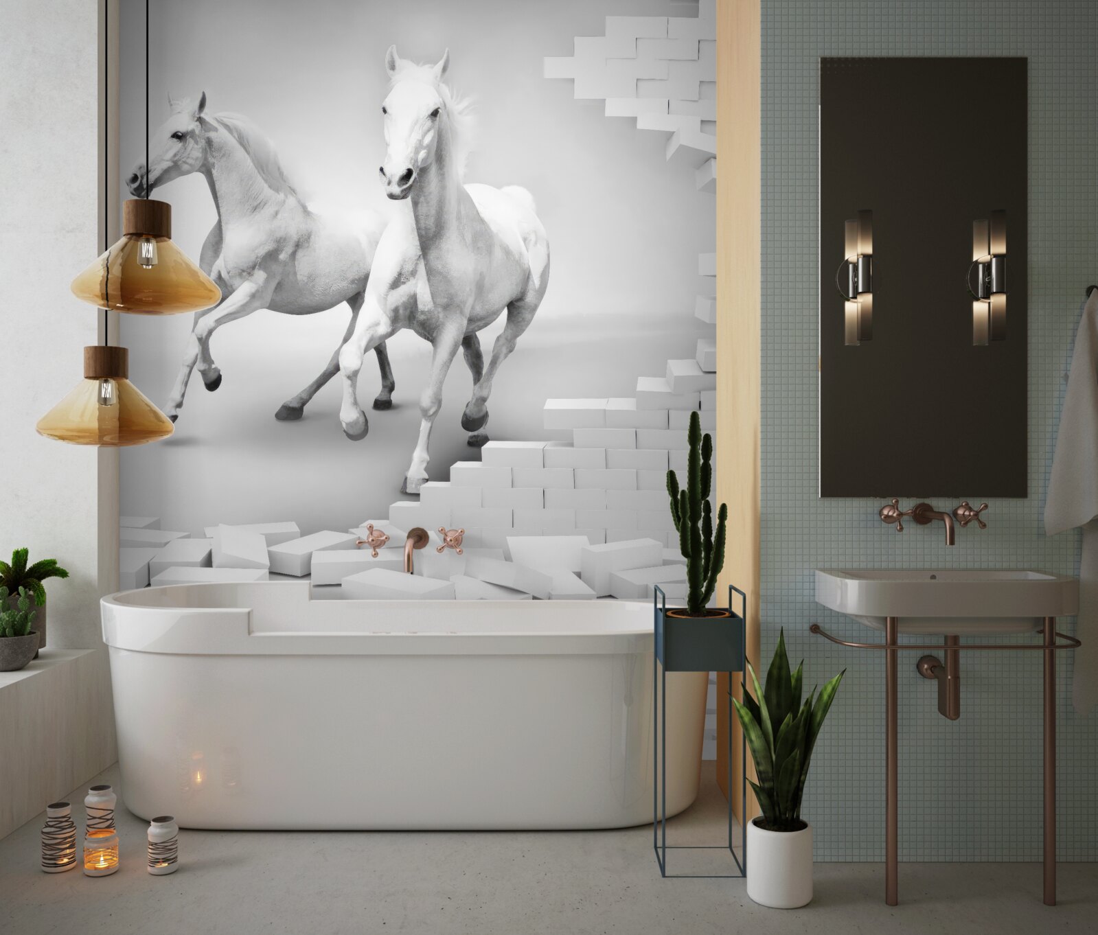 Papier peint chevaux blancs et briques délabrées