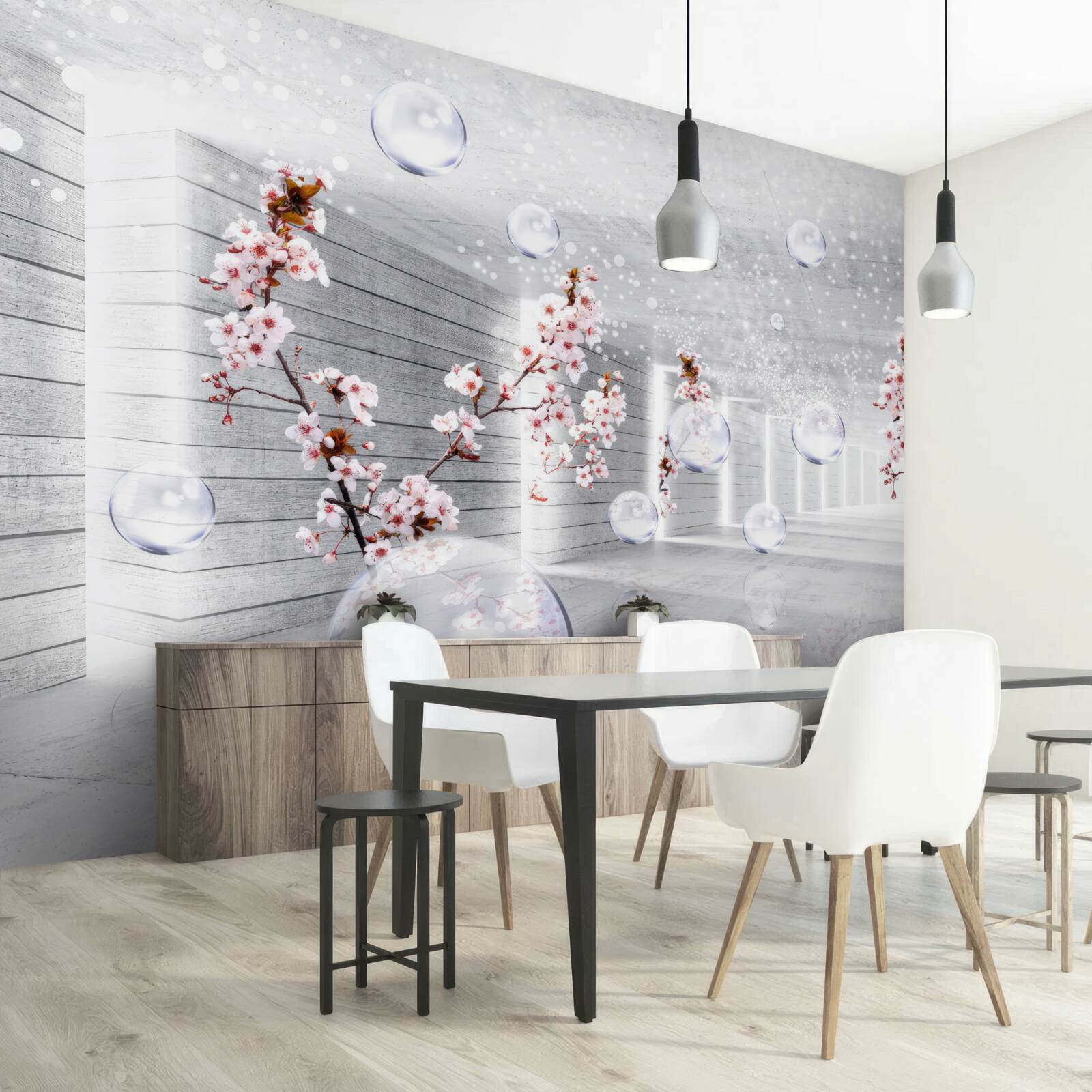 Papier peint une boule de tissu transparent et des fleurs placées dans le couloir