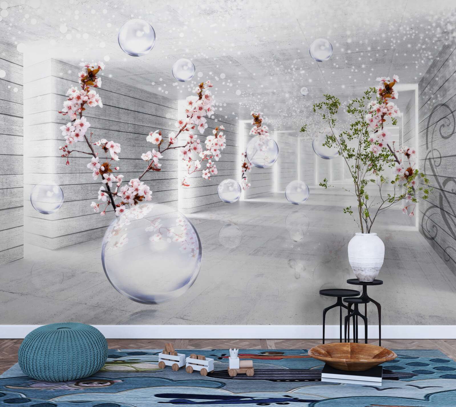 Papier peint une boule de tissu transparent et des fleurs placées dans le couloir