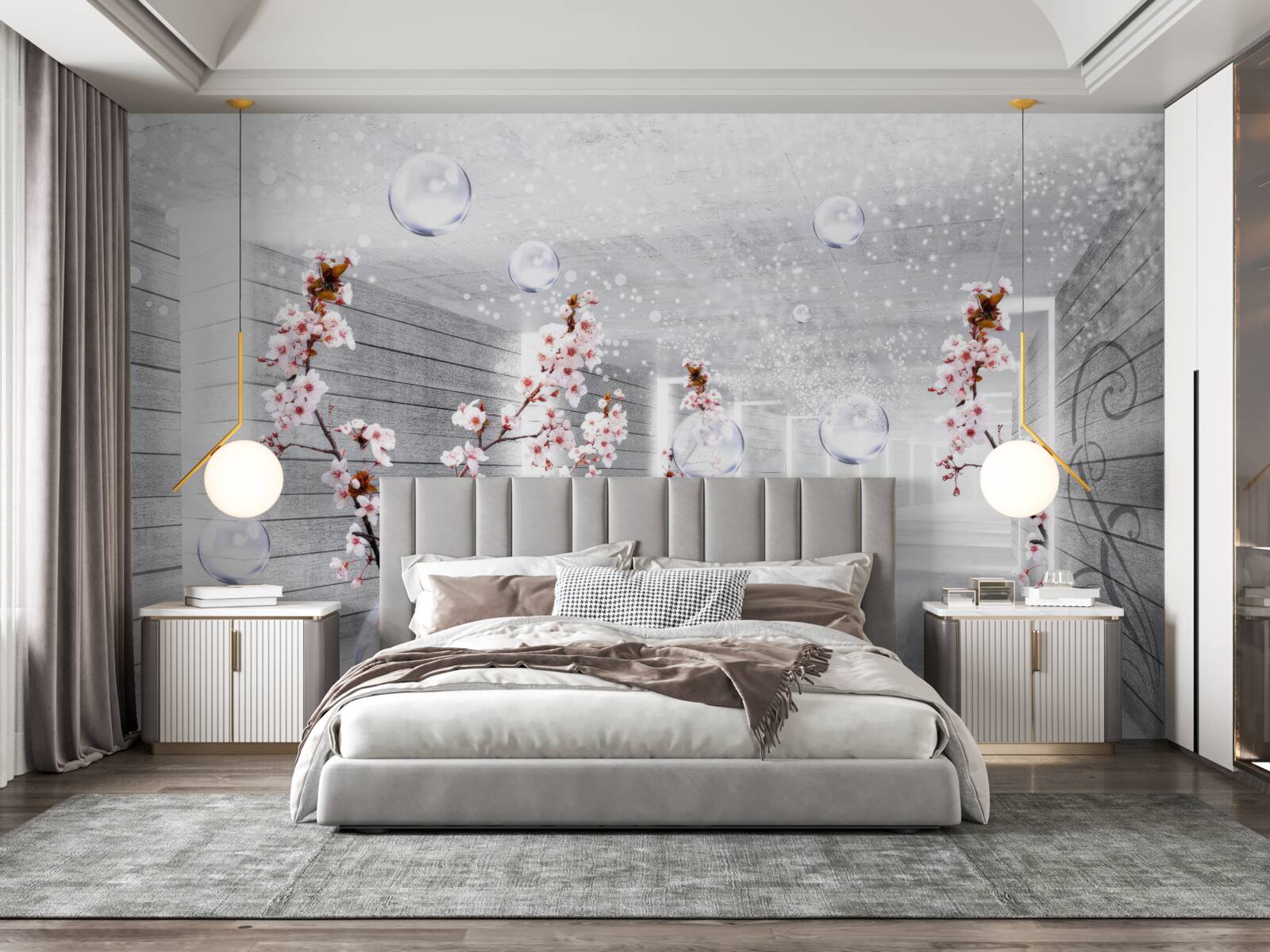 Papier peint une boule de tissu transparent et des fleurs placées dans le couloir