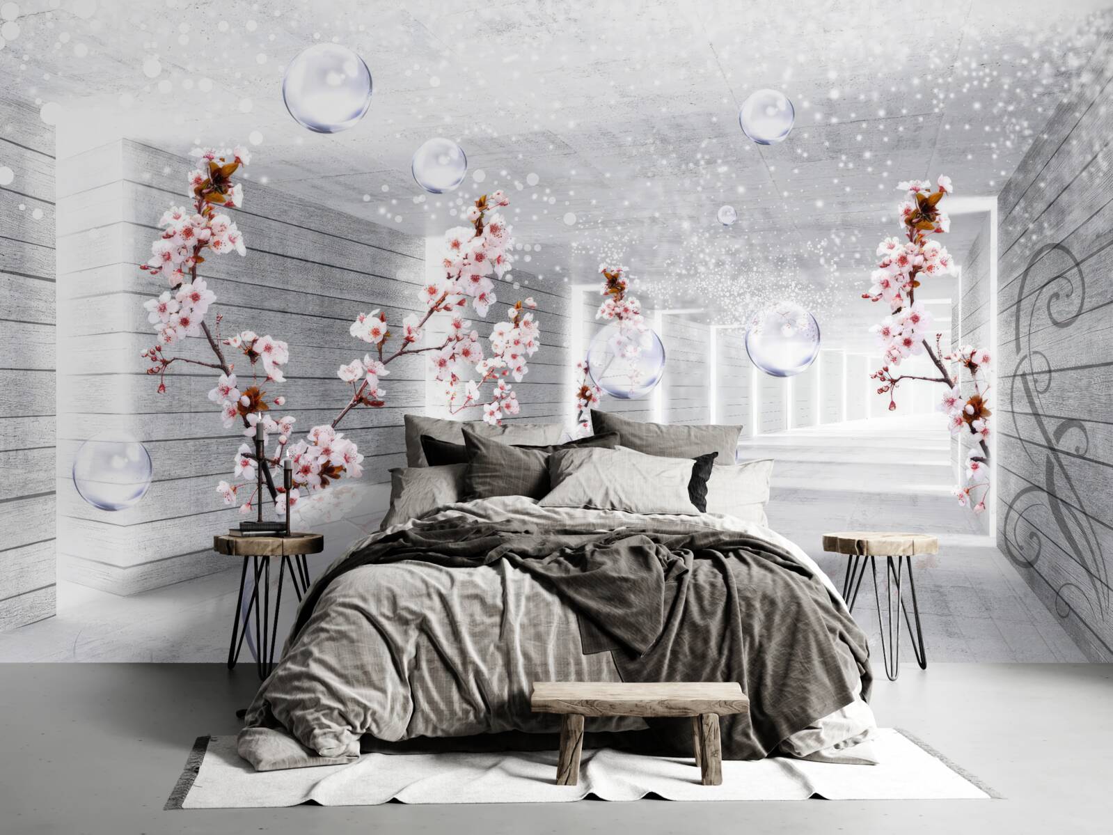 Papier peint une boule de tissu transparent et des fleurs placées dans le couloir