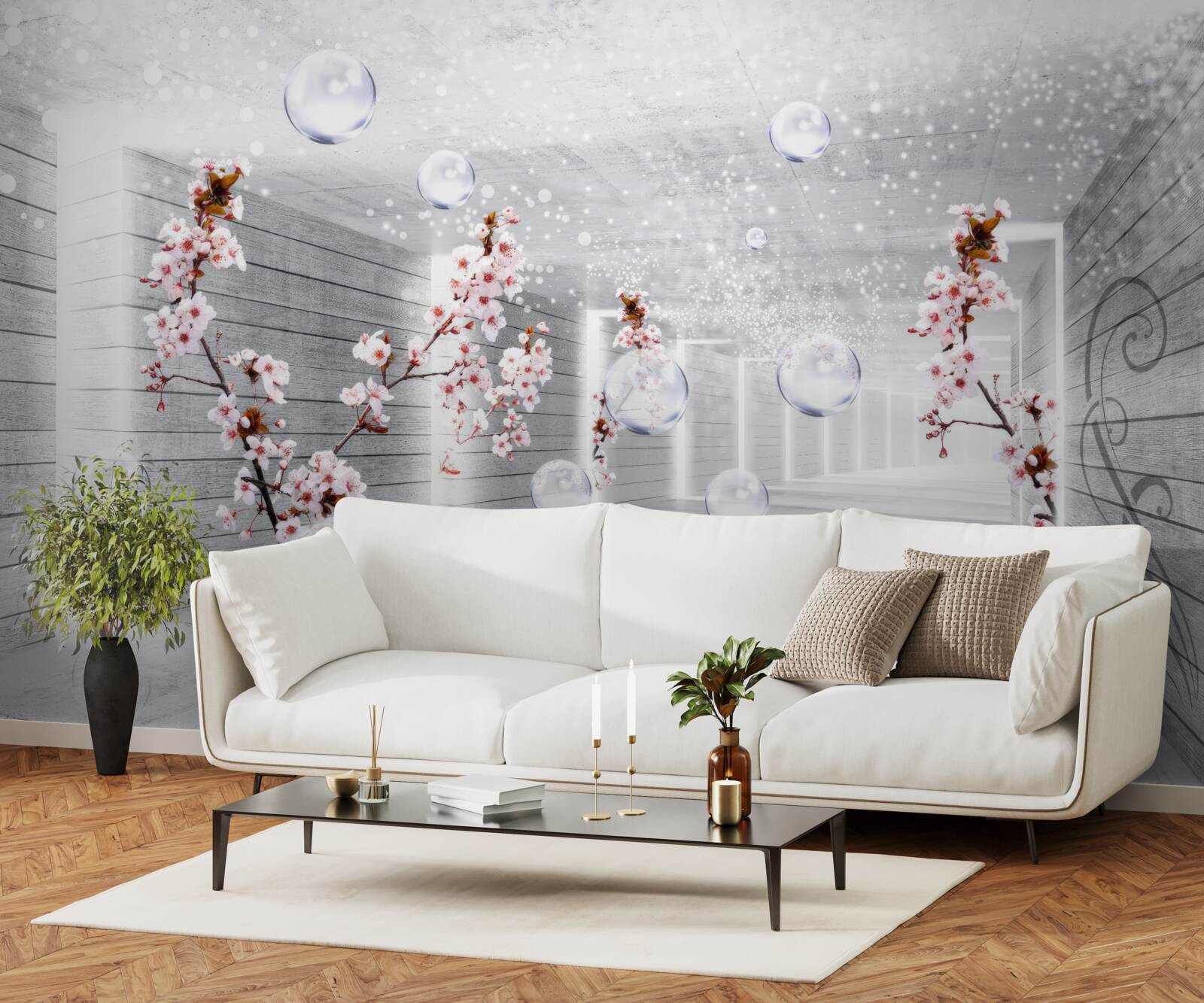 Papier peint une boule de tissu transparent et des fleurs placées dans le couloir