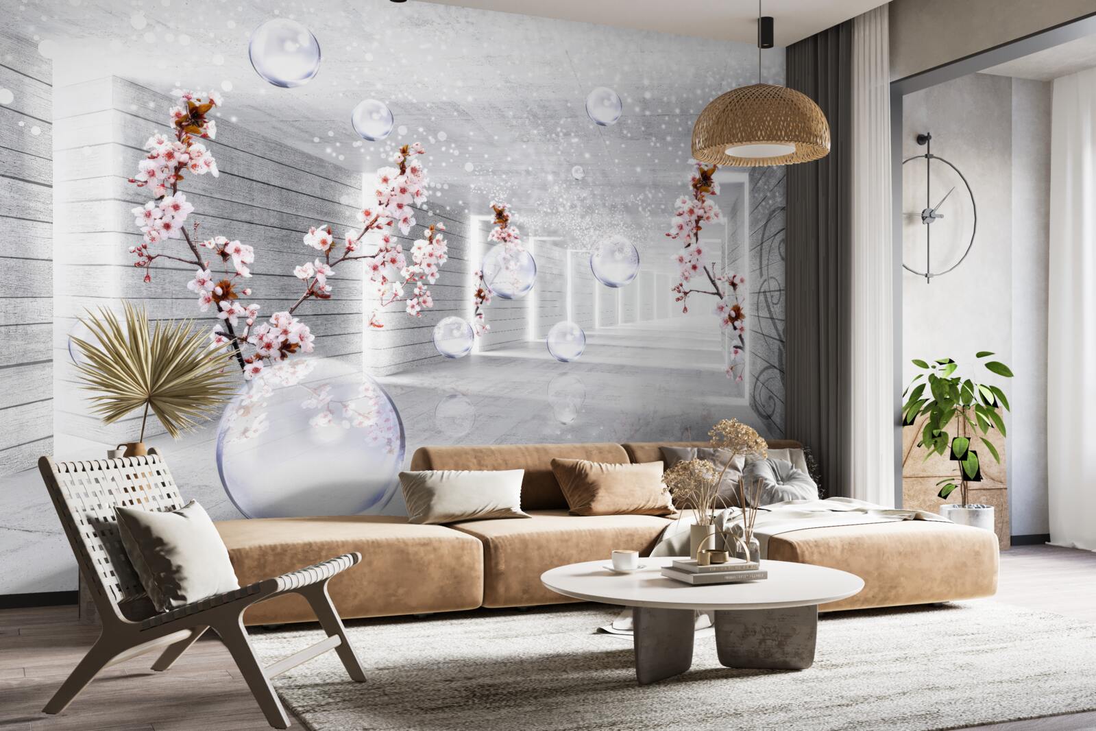 Papier peint une boule de tissu transparent et des fleurs placées dans le couloir