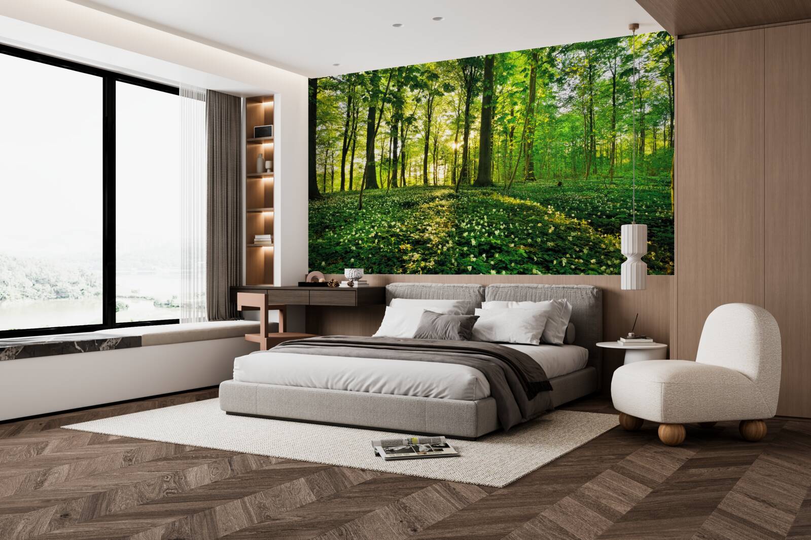 Papier peint une clairière dans une forêt couverte de fleurs