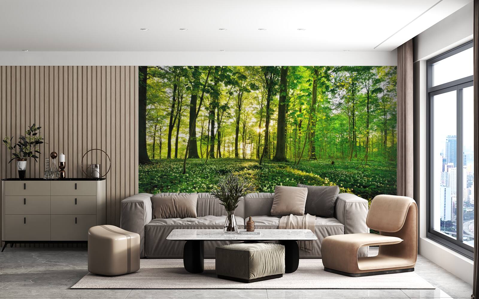 Papier peint une clairière dans une forêt couverte de fleurs