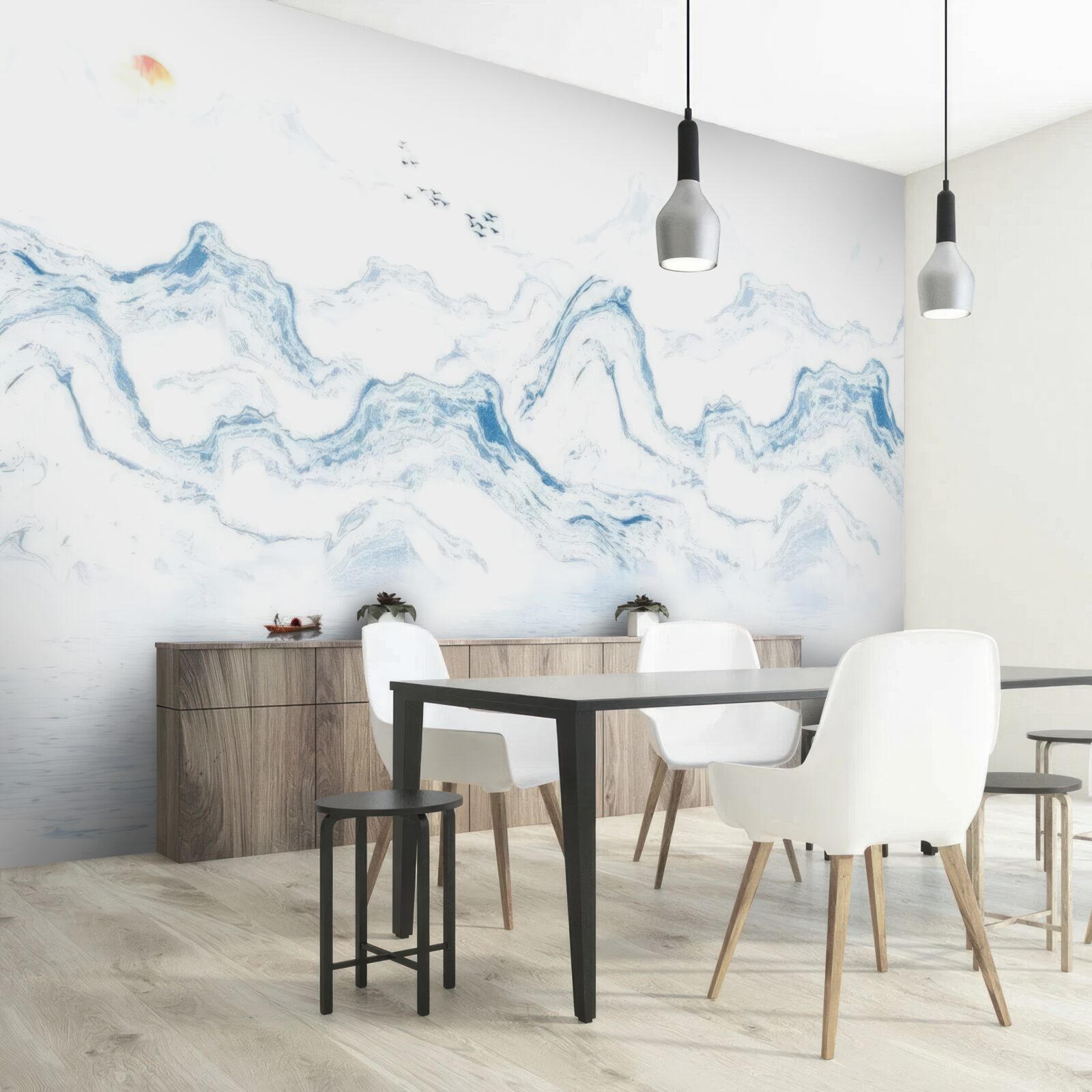 Papier peint lignes bleues courbes