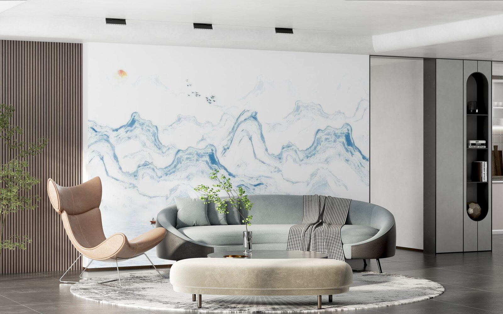 Papier peint lignes bleues courbes