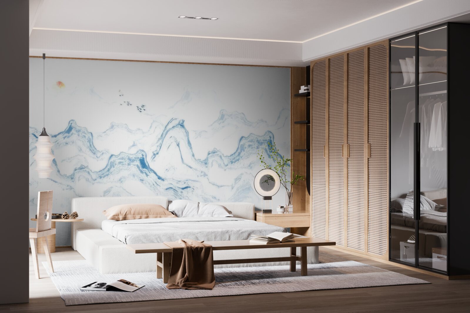 Papier peint lignes bleues courbes