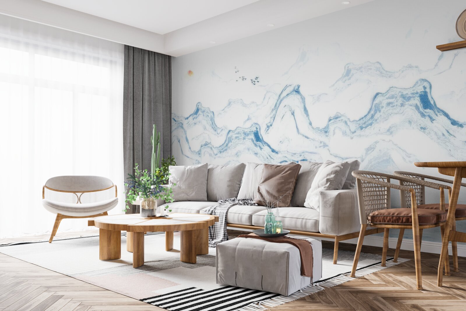 Papier peint lignes bleues courbes