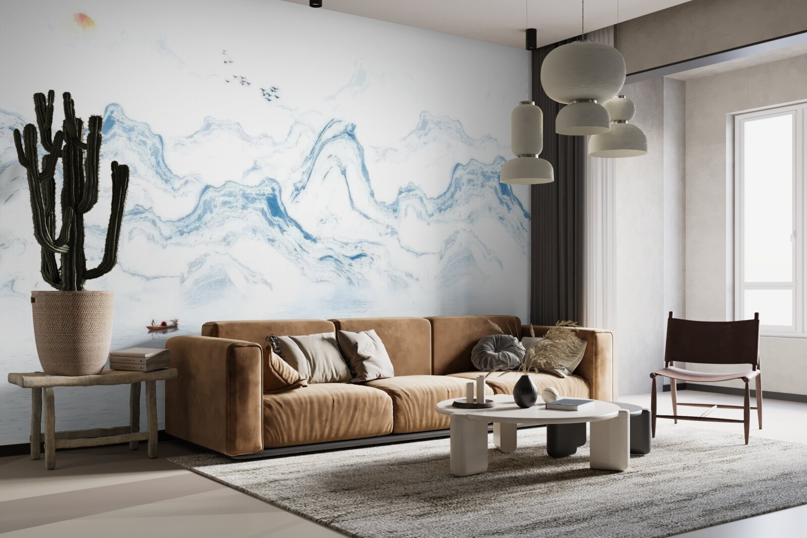 Papier peint lignes bleues courbes