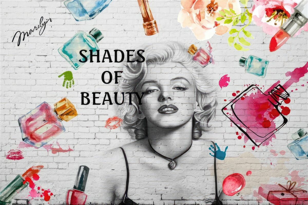 Papier peint monroe contre un mur de briques blanches