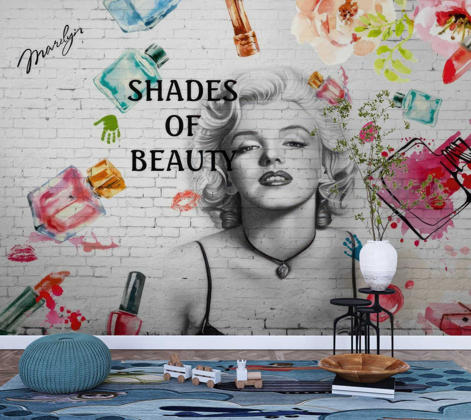 Papier peint monroe contre un mur de briques blanches