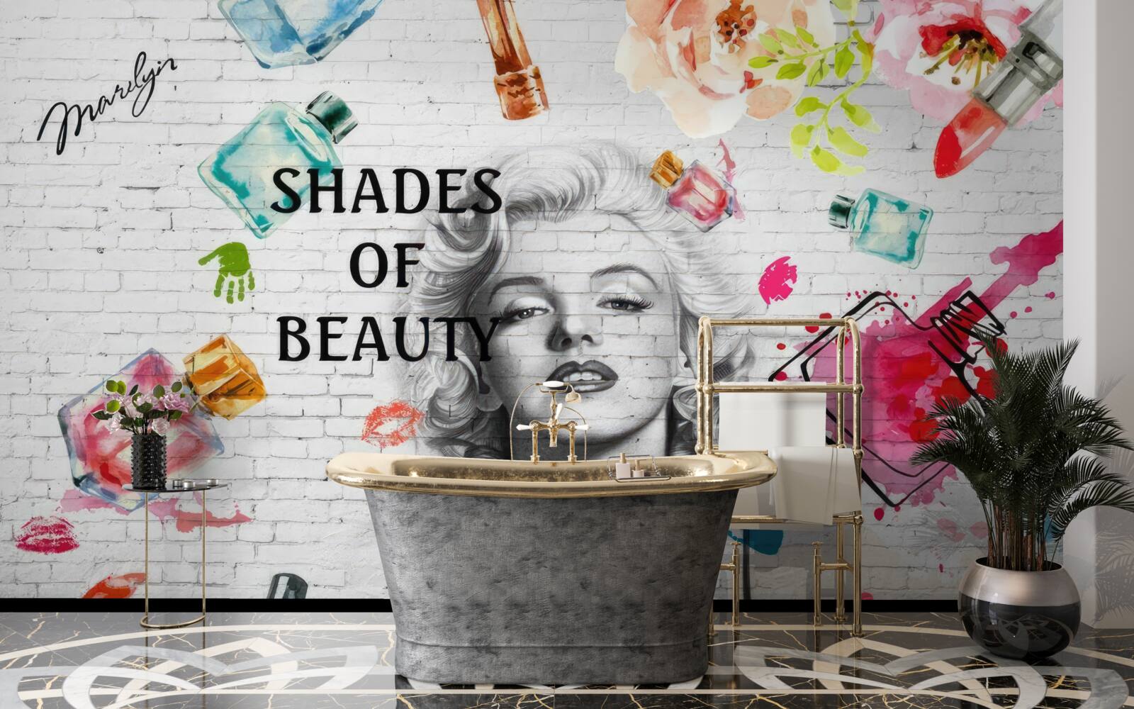 Papier peint monroe contre un mur de briques blanches