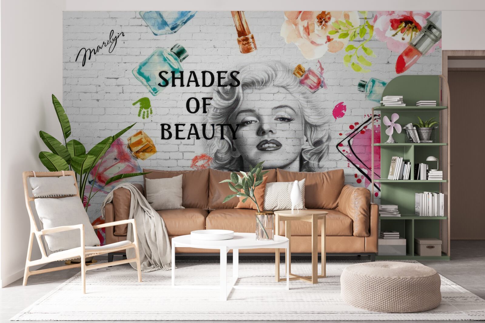 Papier peint monroe contre un mur de briques blanches