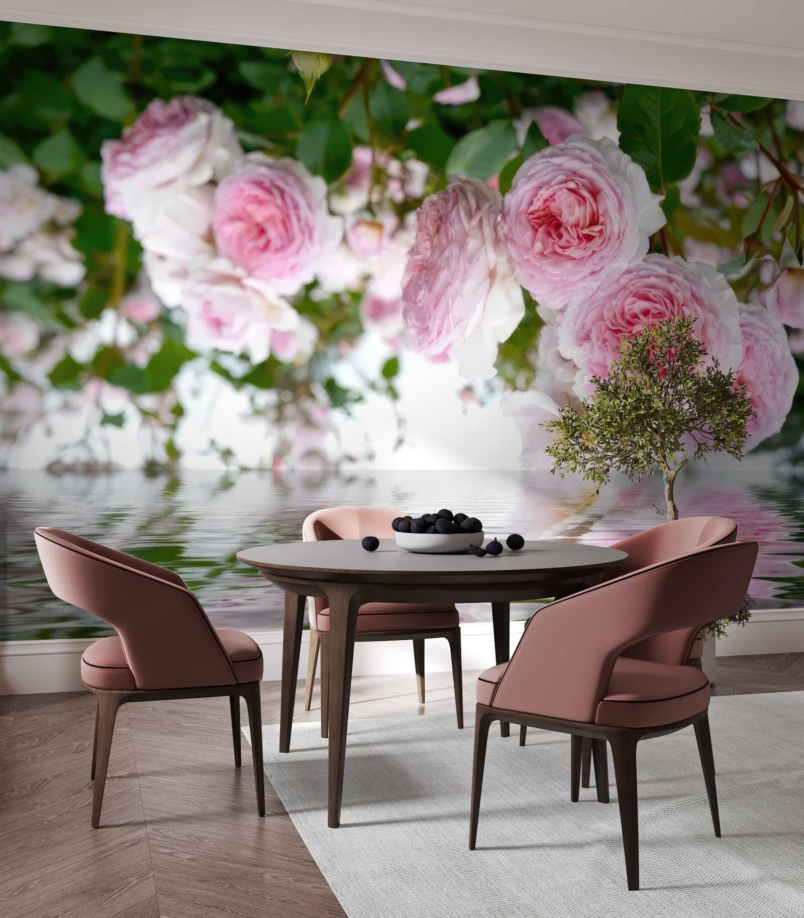 Papier peint roses roses au bord de l'eau