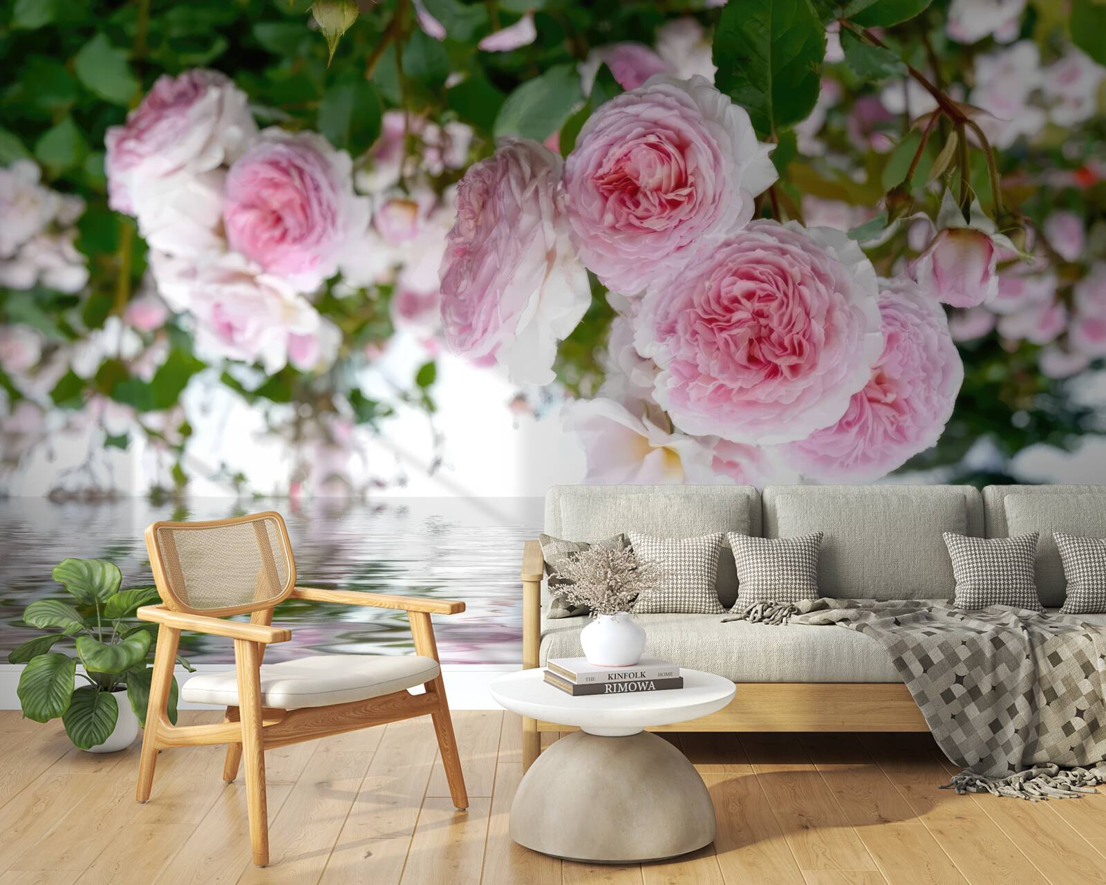 Papier peint roses roses au bord de l'eau