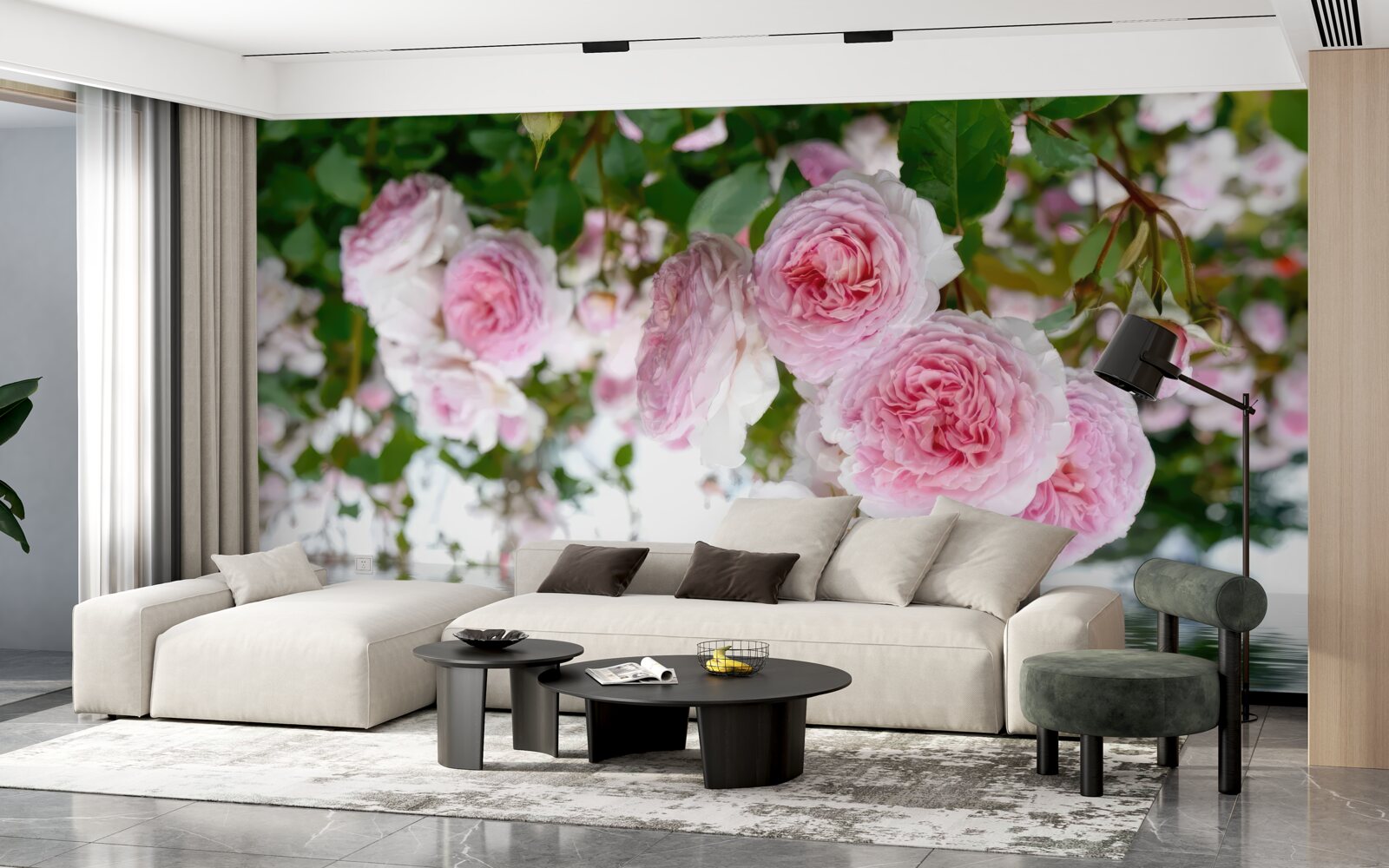 Papier peint roses roses au bord de l'eau