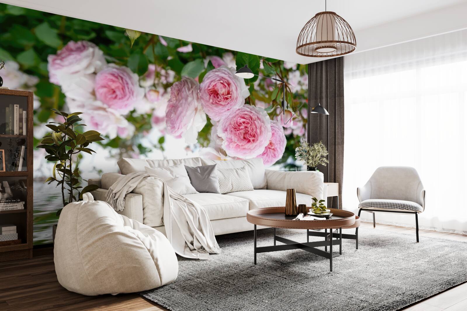 Papier peint roses roses au bord de l'eau