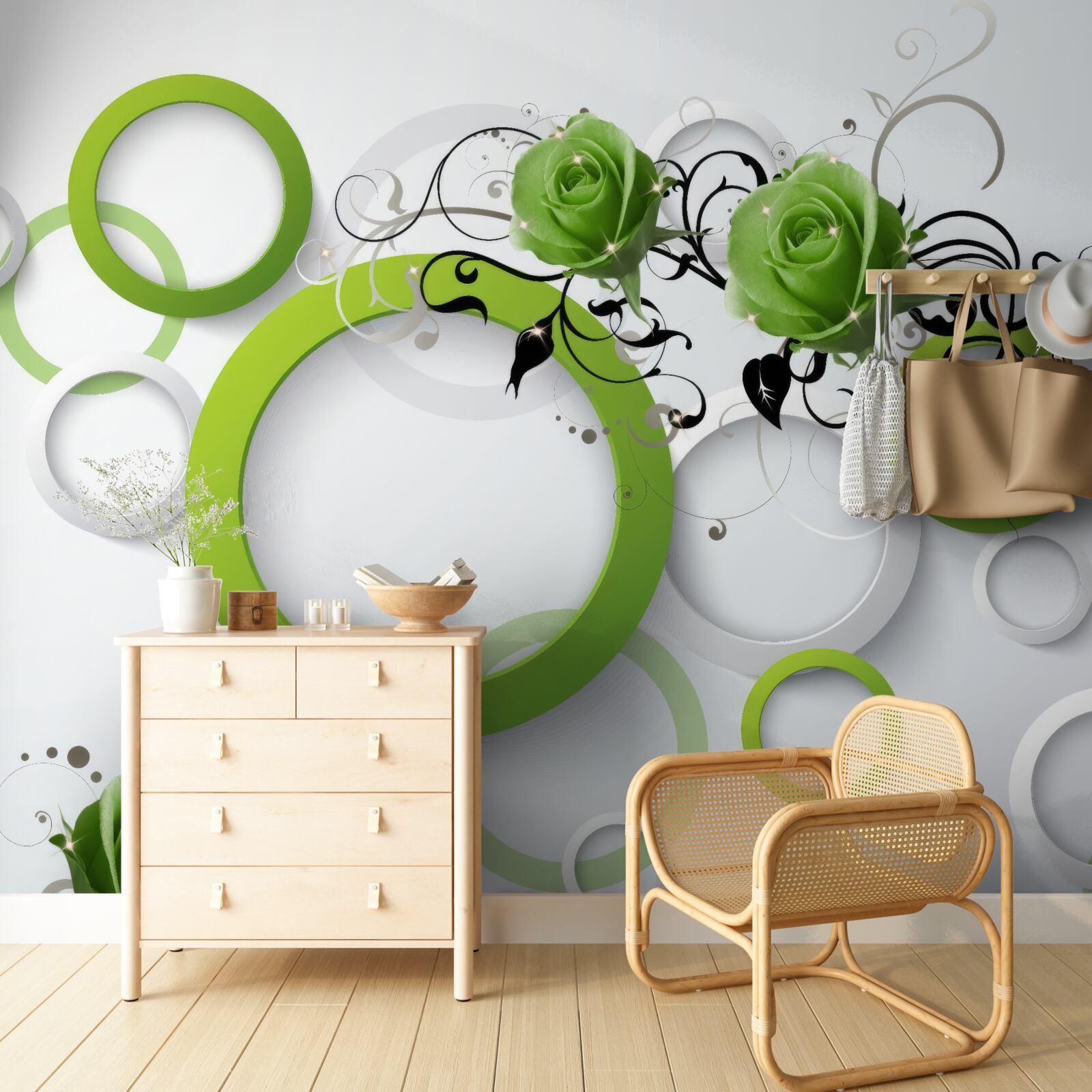 Papier peint cercles verts et roses