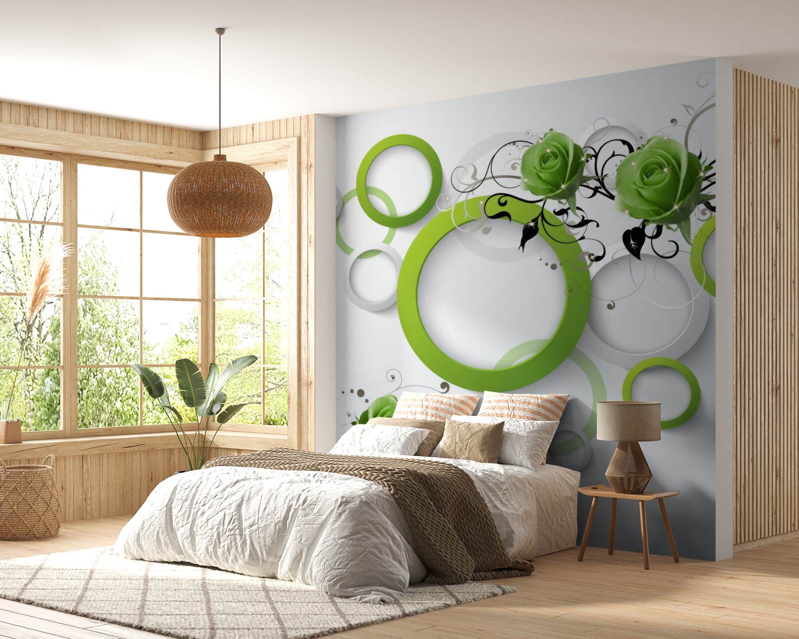 Papier peint cercles verts et roses