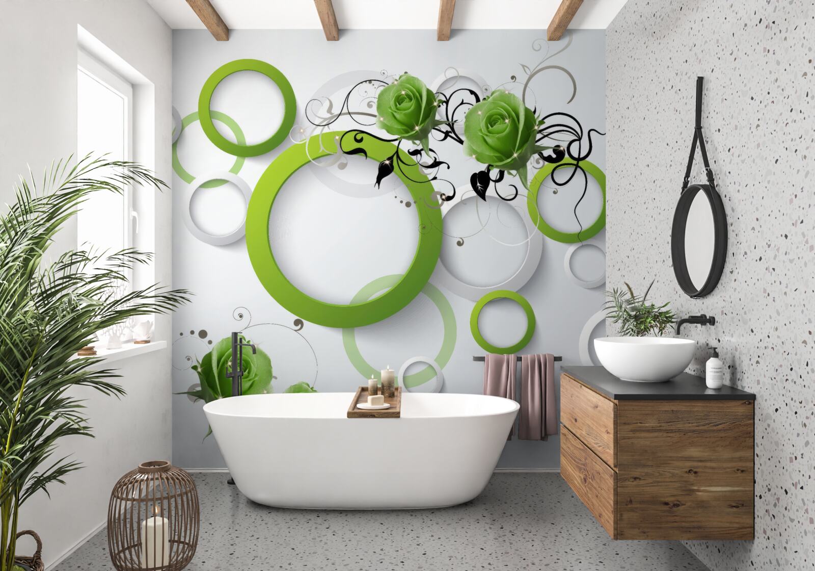 Papier peint cercles verts et roses