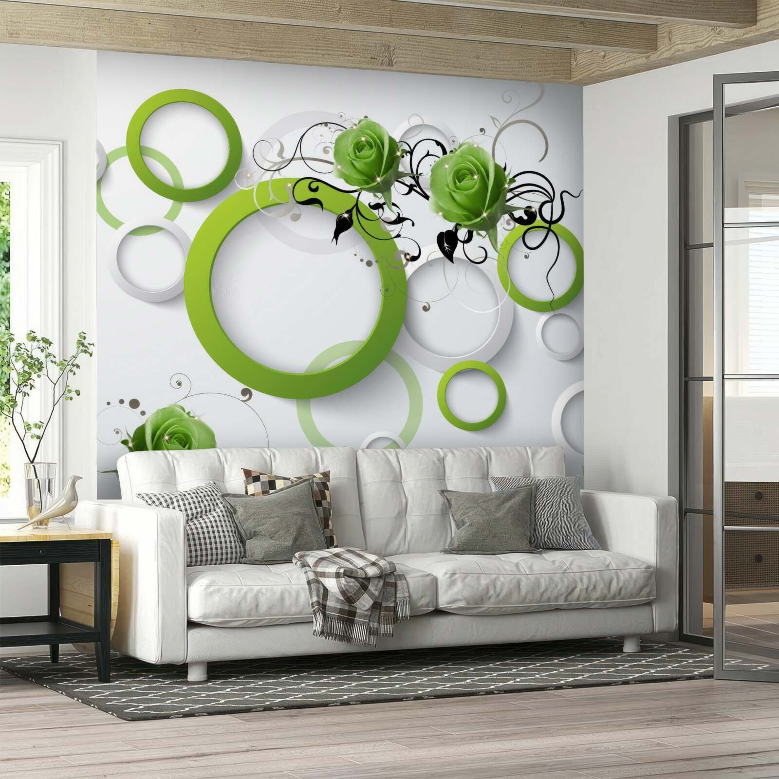 Papier peint cercles verts et roses