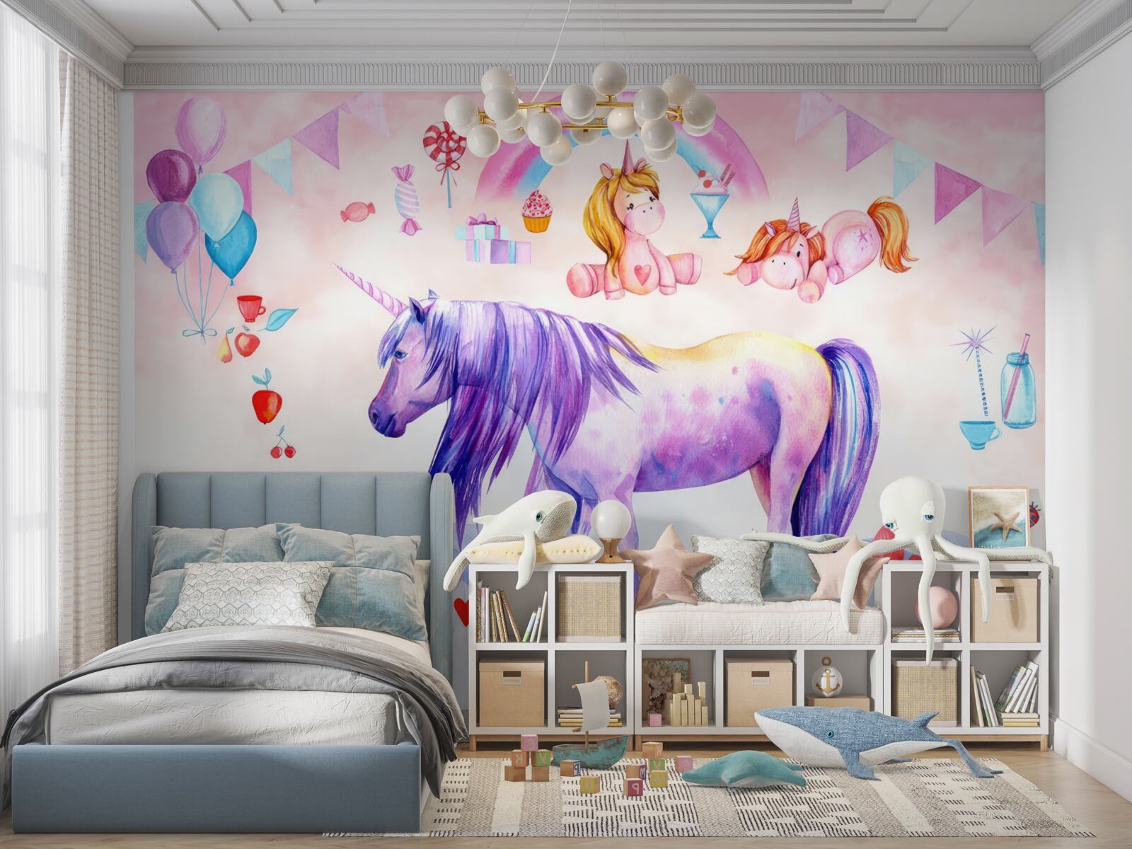 Papier peint des licornes entourées d'arcs-en-ciel, de fleurs et de cadeaux