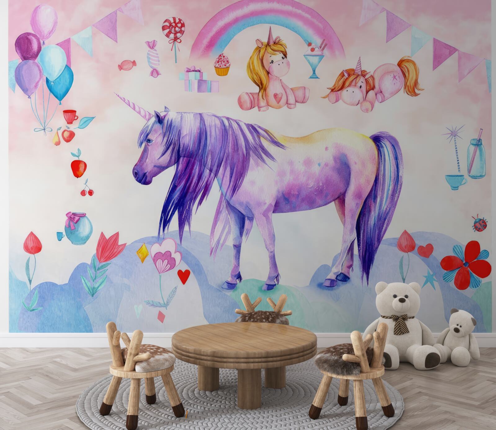 Papier peint des licornes entourées d'arcs-en-ciel, de fleurs et de cadeaux
