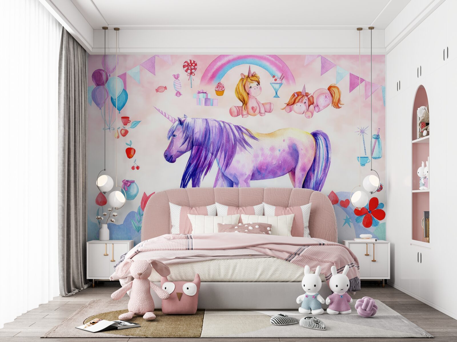 Papier peint des licornes entourées d'arcs-en-ciel, de fleurs et de cadeaux