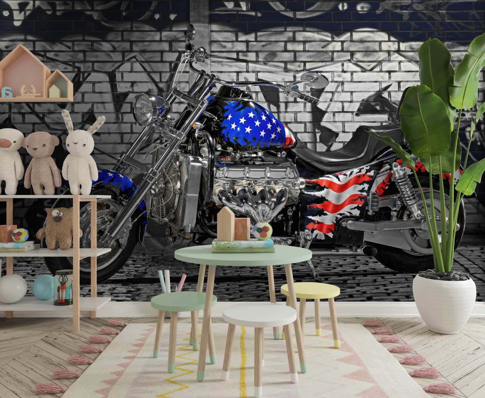 Papier peint moto à côté d'un mur peint