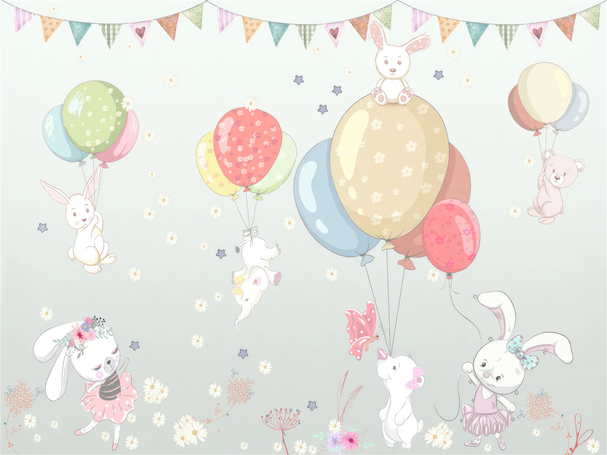 Papier peint lapins et ours avec des ballons