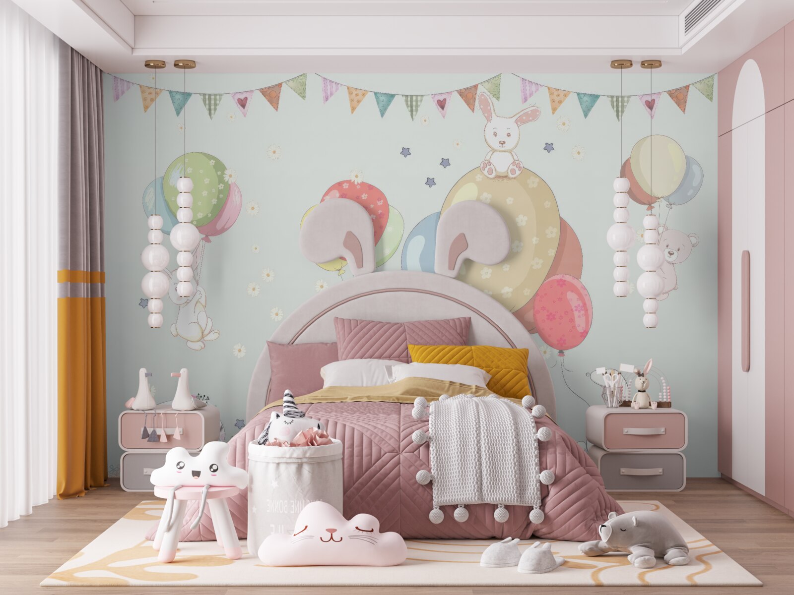 Papier peint lapins et ours avec des ballons