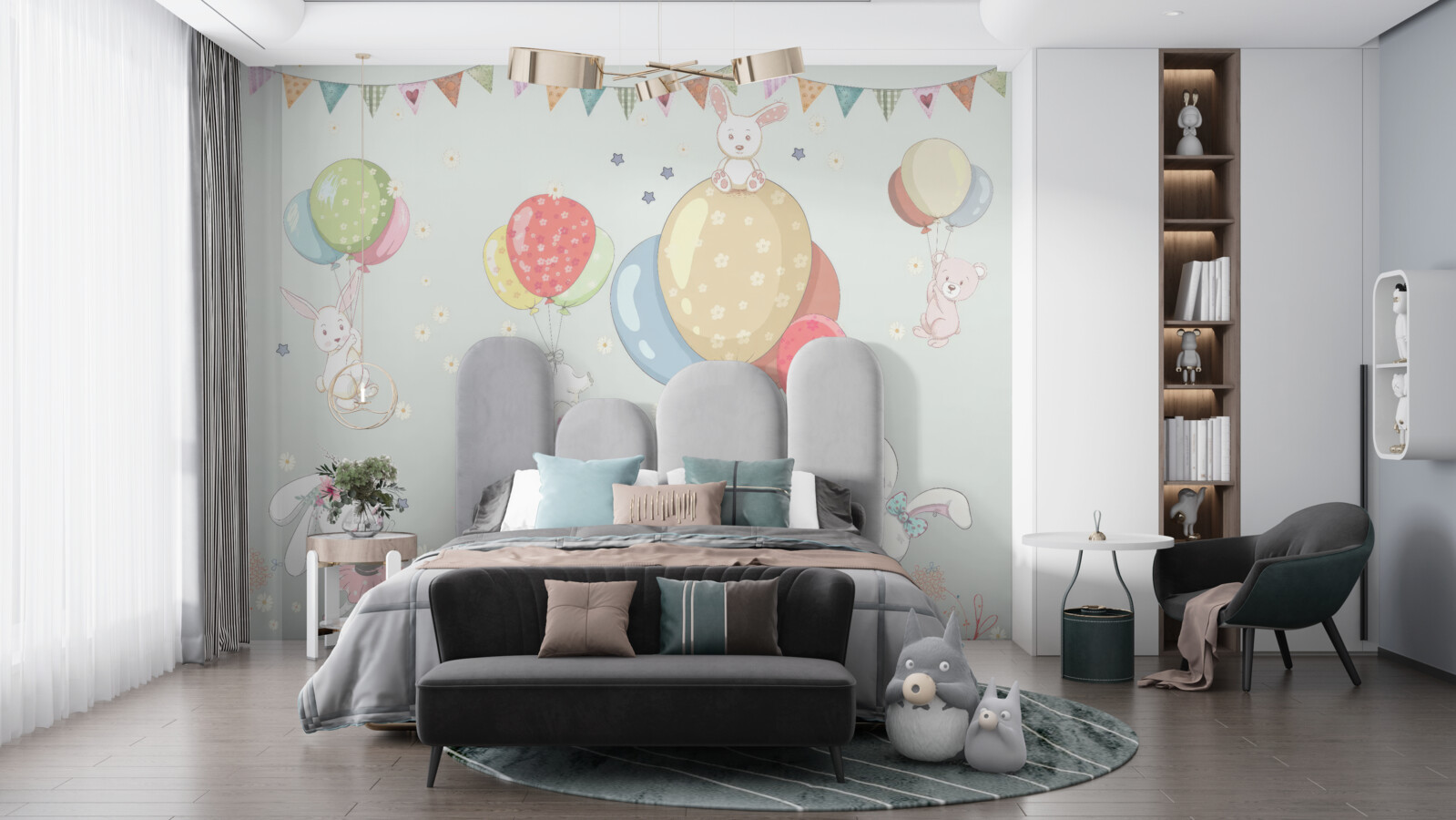 Papier peint lapins et ours avec des ballons