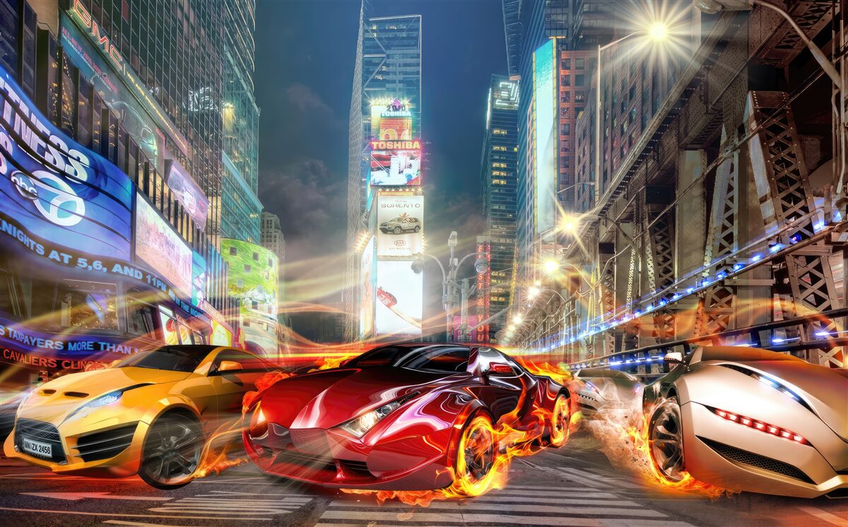 Papier peint voitures de sport dans les rues de la ville