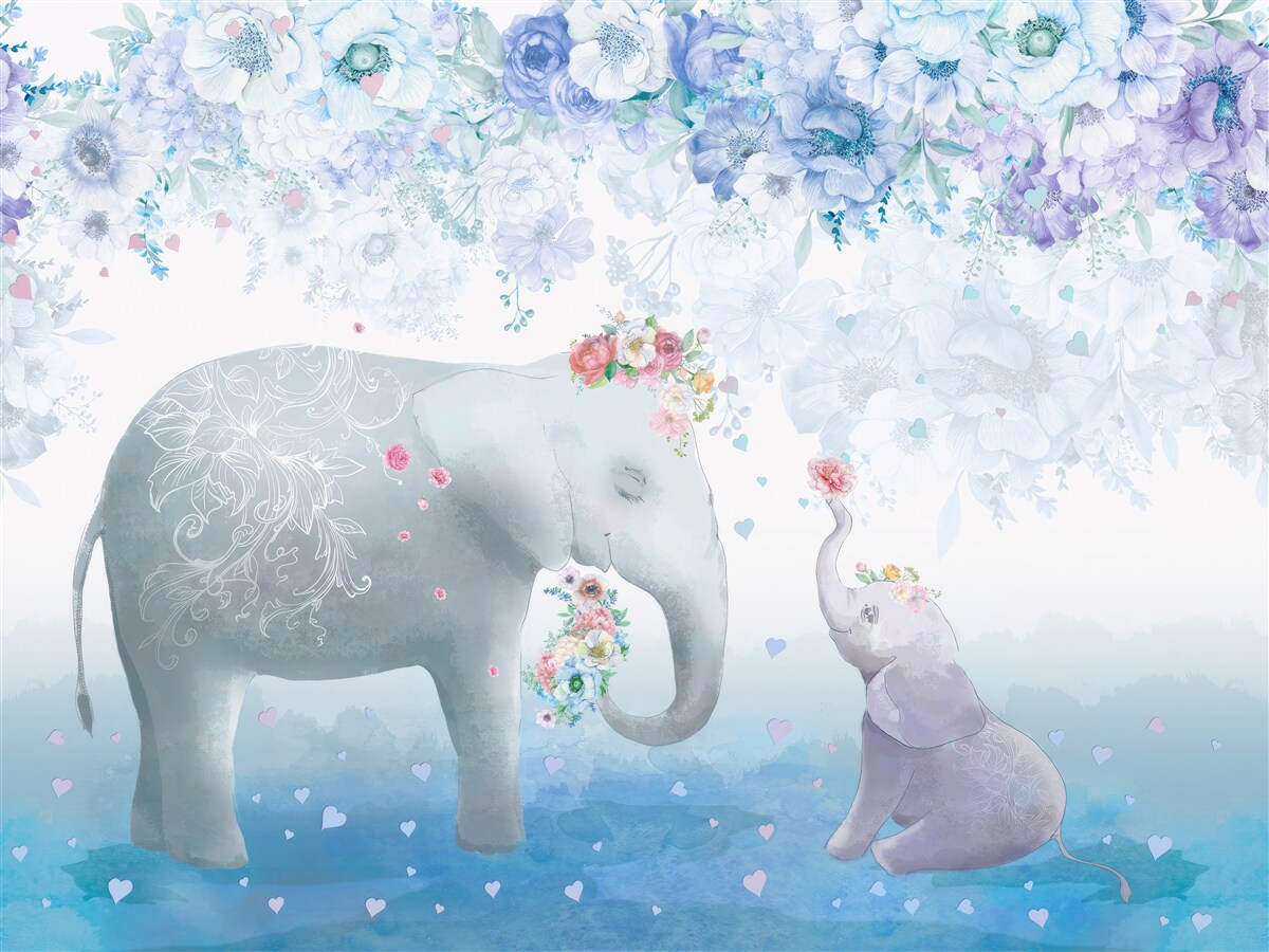 Papier peint éléphant avec enfant parmi les fleurs