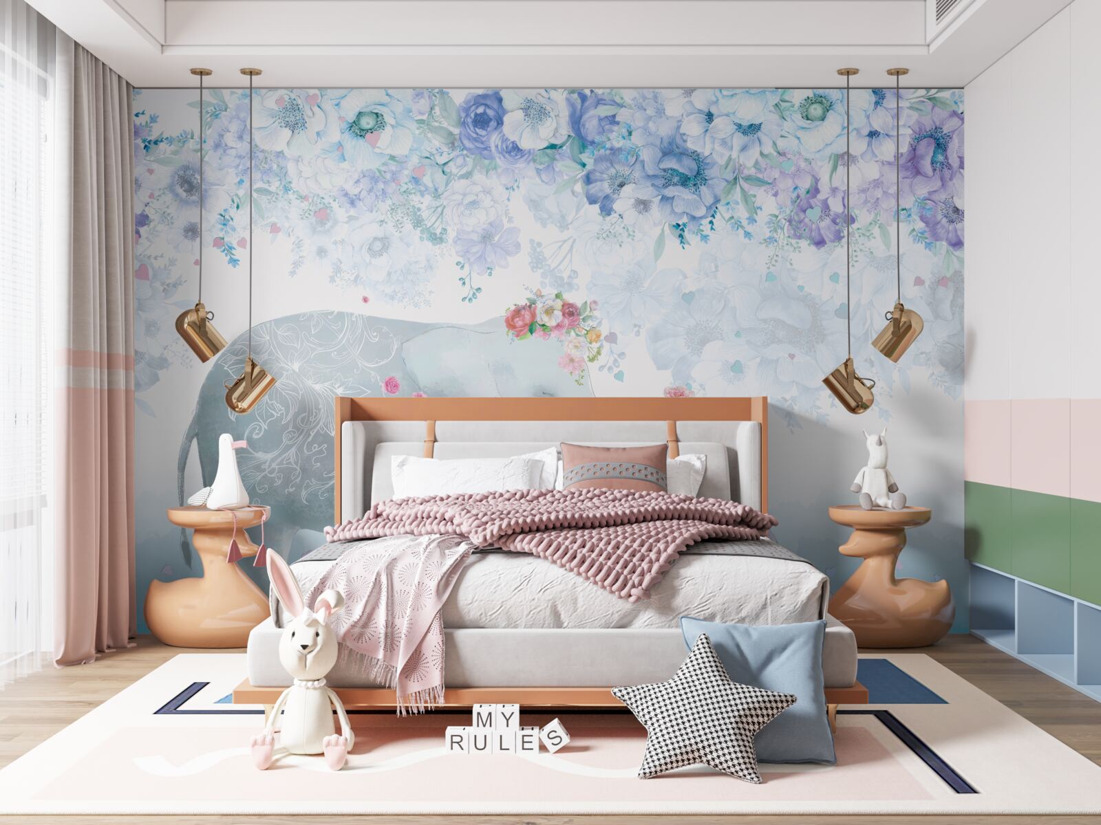 Papier peint éléphant avec enfant parmi les fleurs