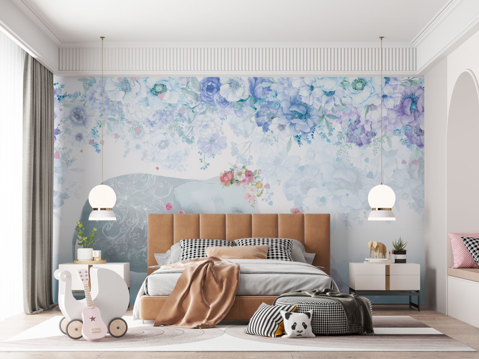 Papier peint éléphant avec enfant parmi les fleurs