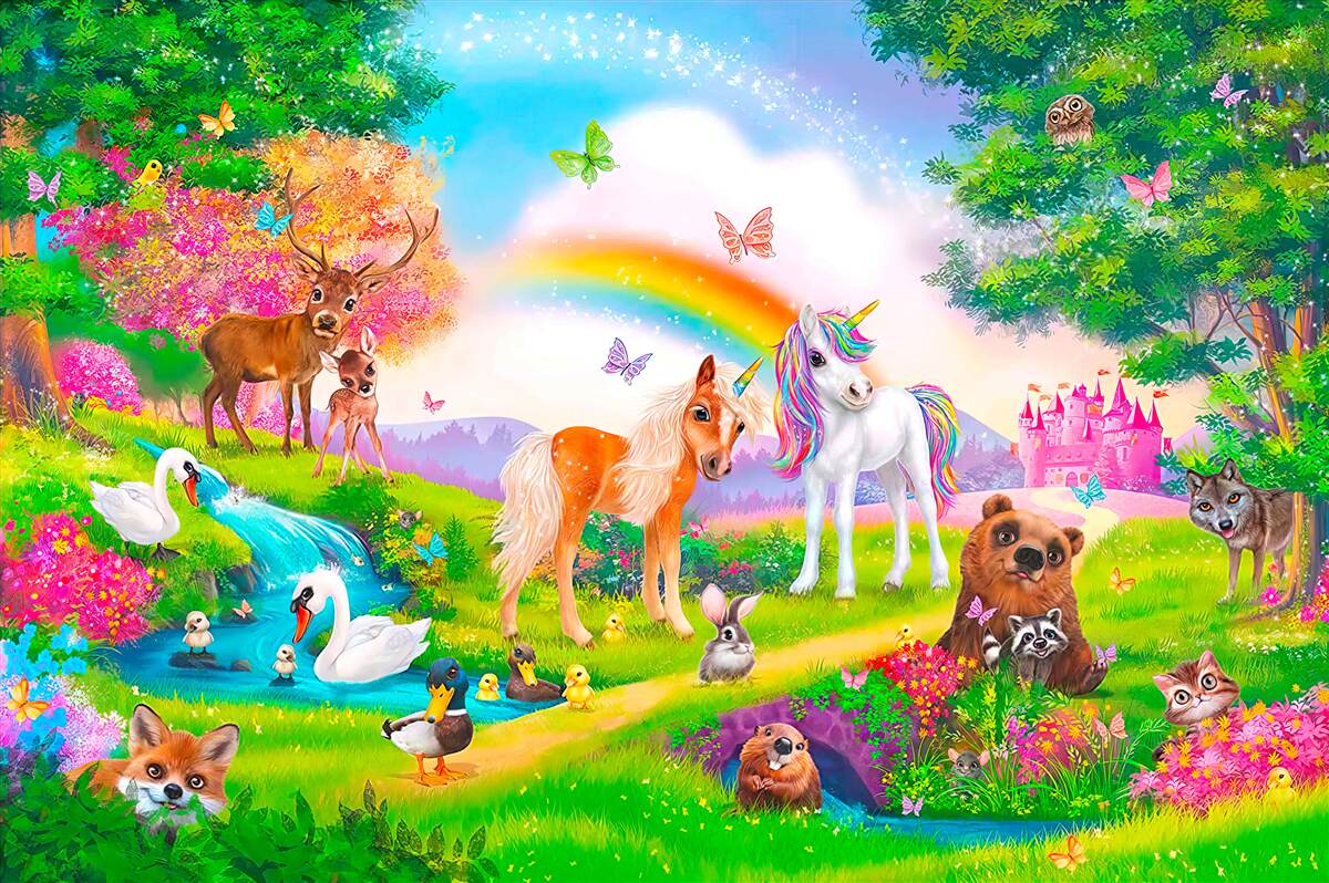 Papier peint la clairière forestière est habitée par des licornes, des animaux, des oiseaux et des papillons