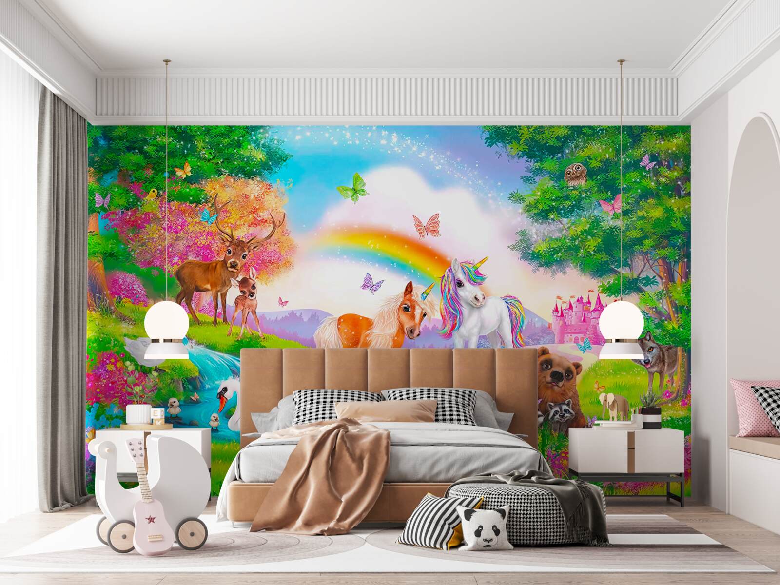 Papier peint la clairière forestière est habitée par des licornes, des animaux, des oiseaux et des papillons