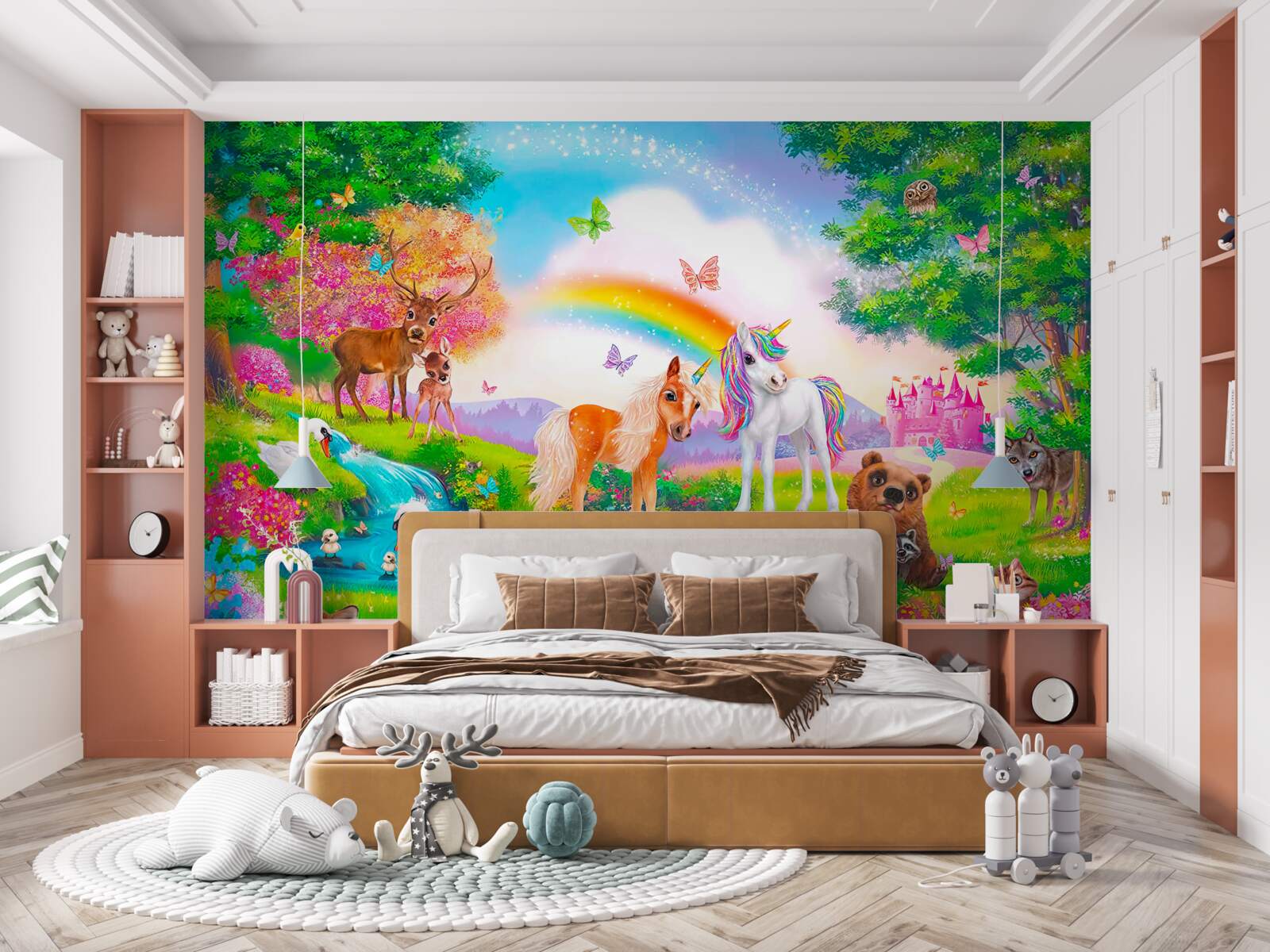 Papier peint la clairière forestière est habitée par des licornes, des animaux, des oiseaux et des papillons