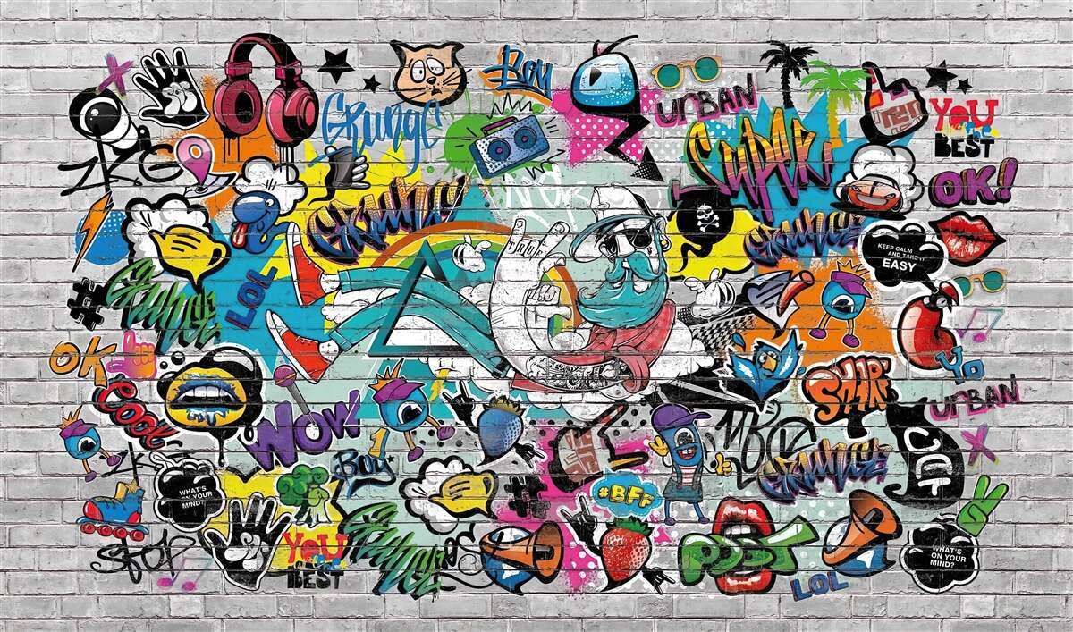 Papier peint Mur de briques décoré de graffitis lumineux