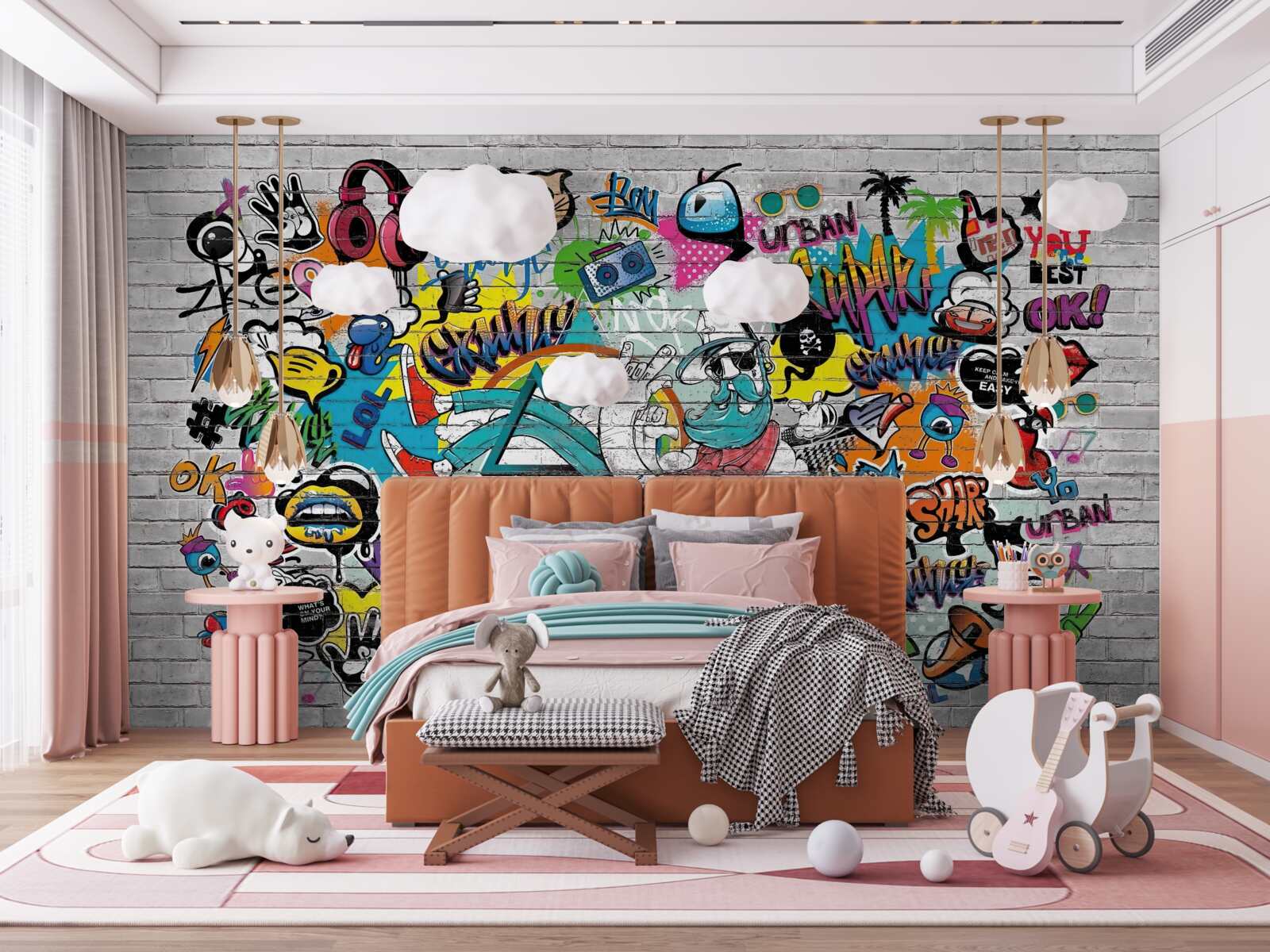 Papier peint Mur de briques décoré de graffitis lumineux