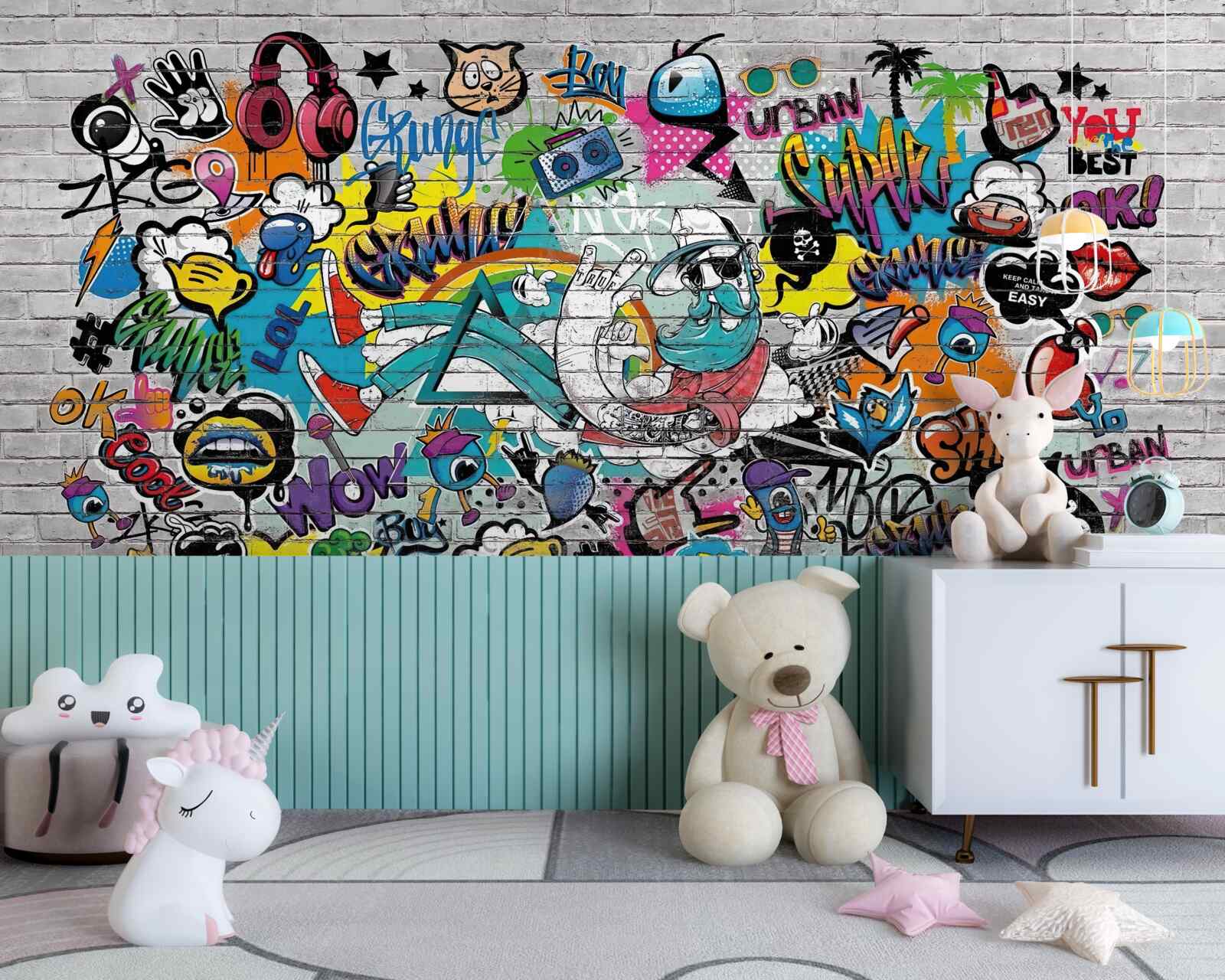 Papier peint Mur de briques décoré de graffitis lumineux