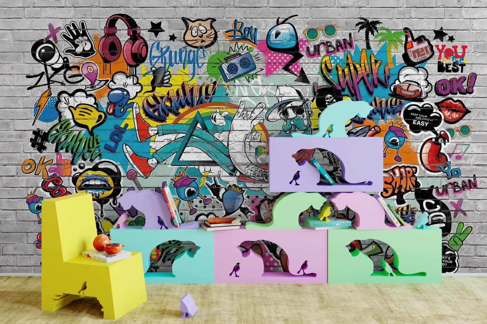 Papier peint Mur de briques décoré de graffitis lumineux