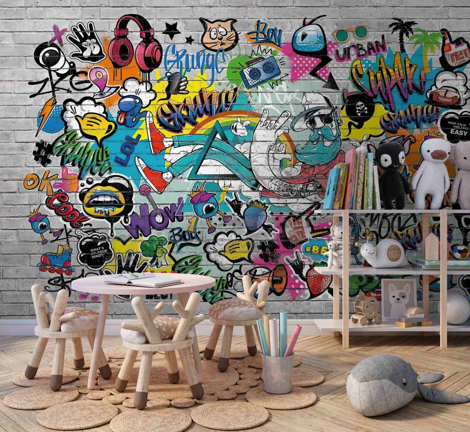 Papier peint Mur de briques décoré de graffitis lumineux