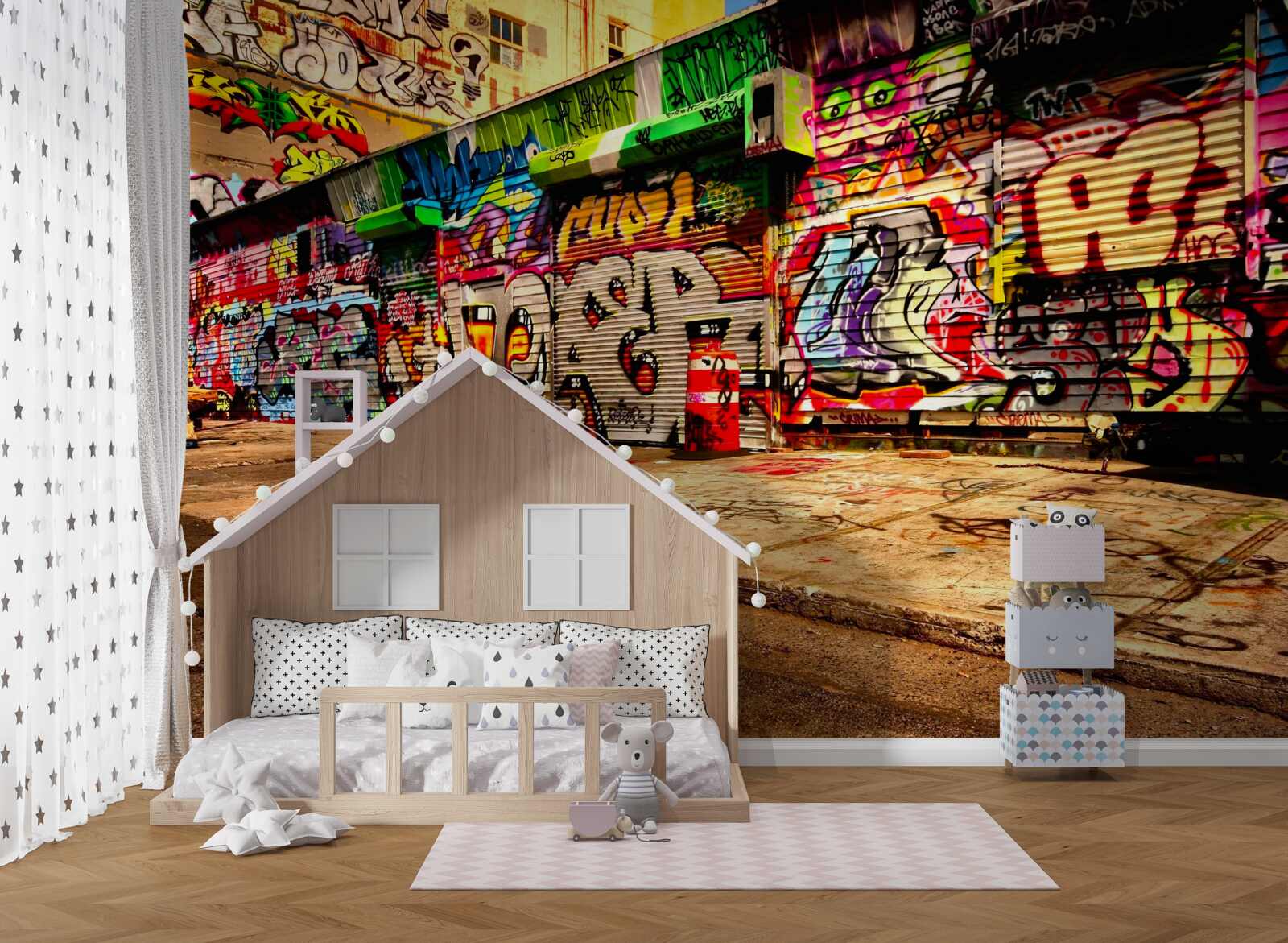 Papier peint les bâtiments situés le long de la rue sont décorés de graffitis